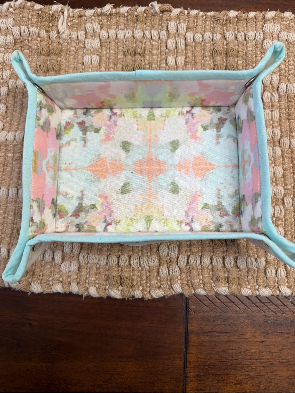 Floral Fabric Catchall Tray in Aqua and Coral